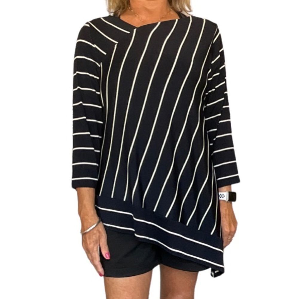‎CHICO’S TRAVELERS ASYMMETRIC NAVY AND WHITE STRIPE